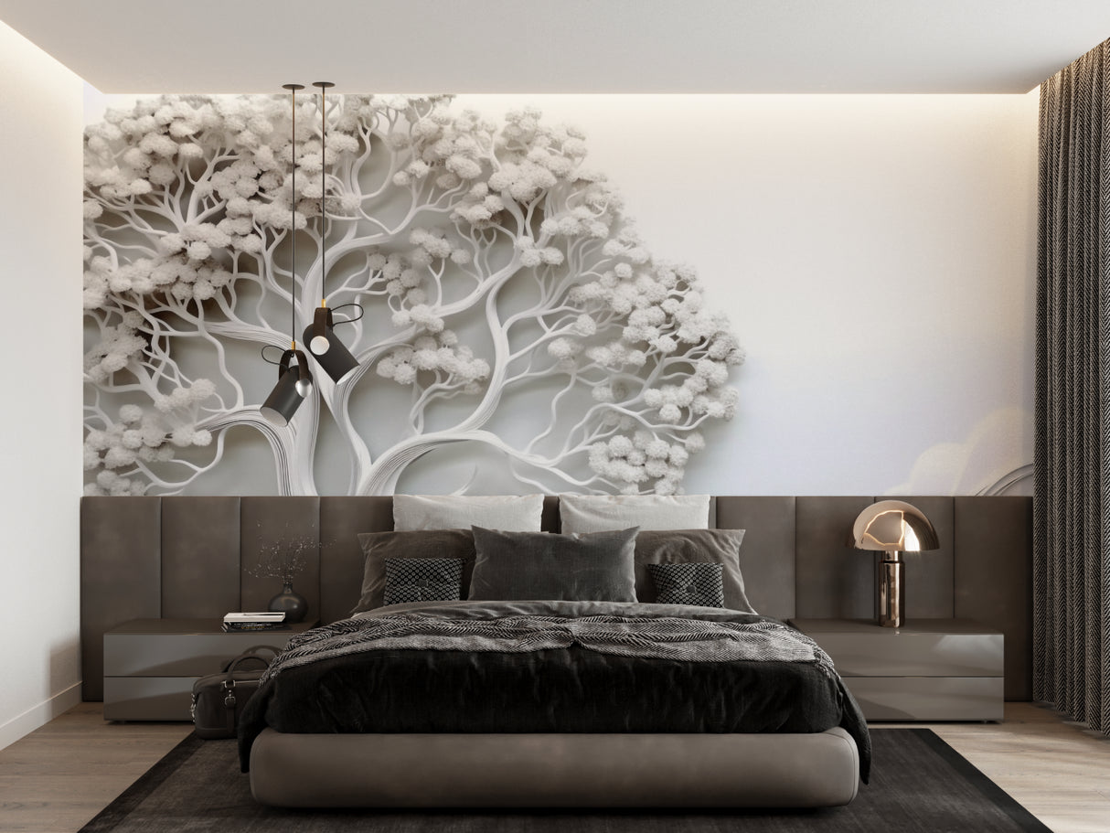 Minimalist bedroom with white 3D tree wallpaper showing textural depth