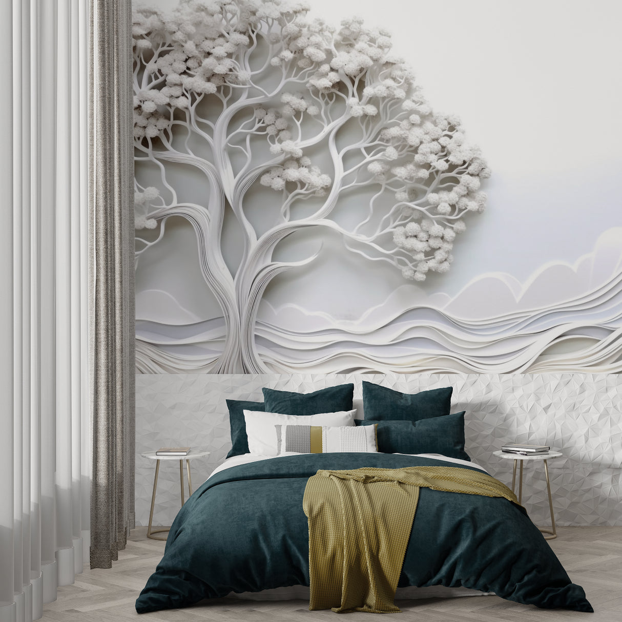 Dining room wall with sculptural white tree pattern creating elegant ambiance