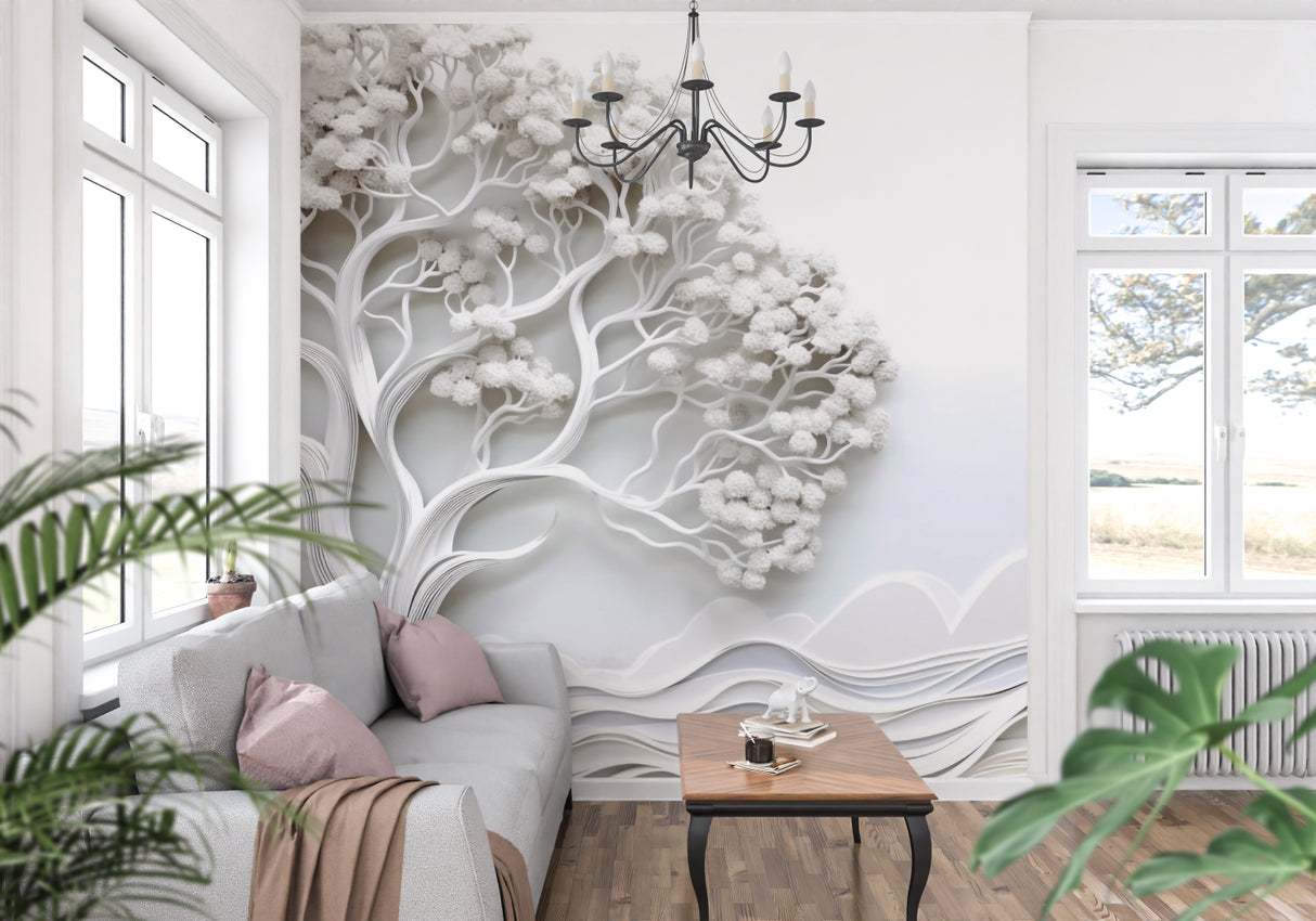 Home office featuring 3D relief tree wallpaper in white showing dimensional detail