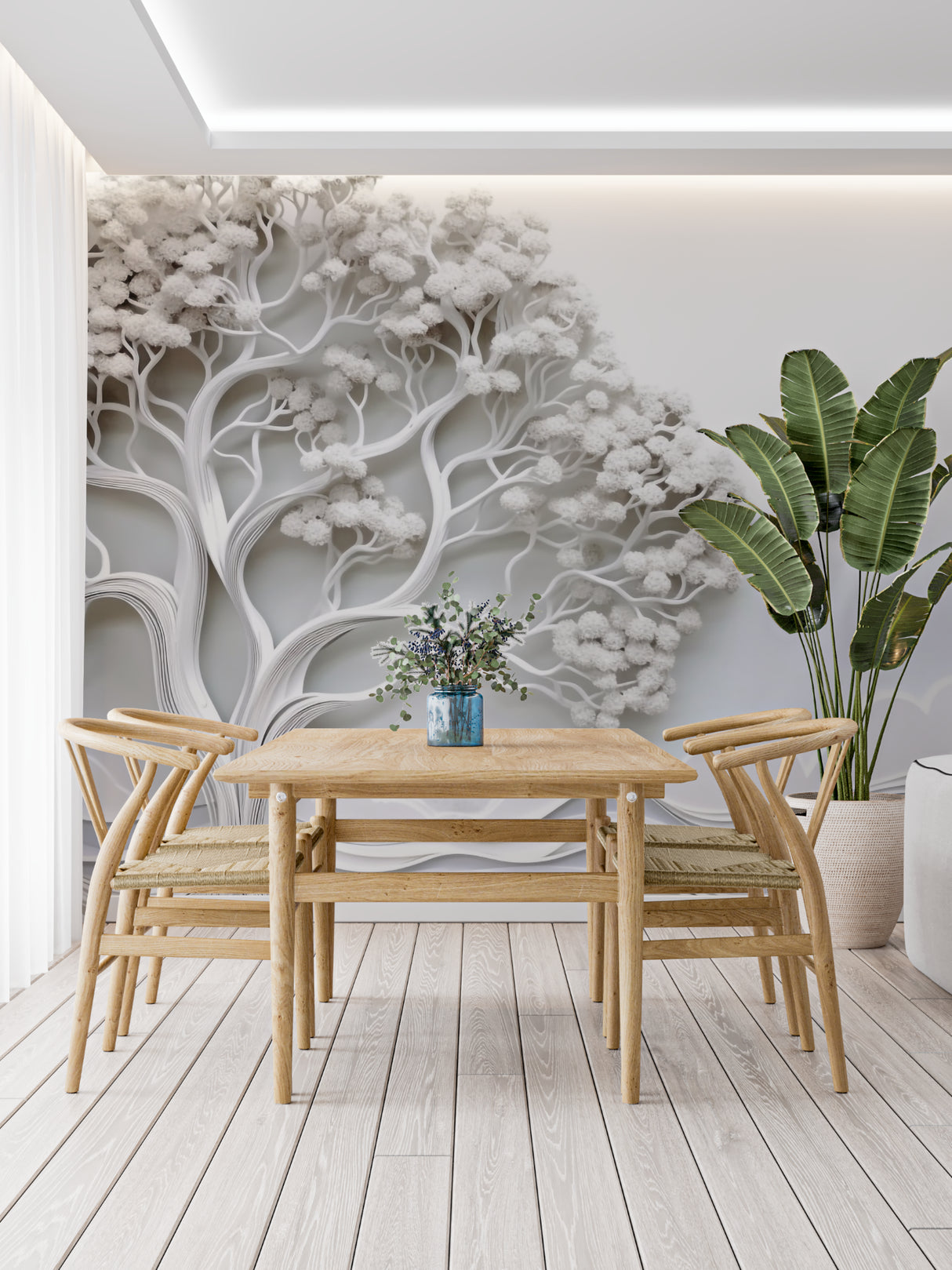 Entryway with white 3D tree mural wallpaper showcasing shadow play
