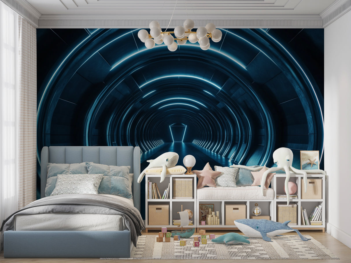 Futuristic 3D tunnel mural installed in sleek office space with ambient lighting