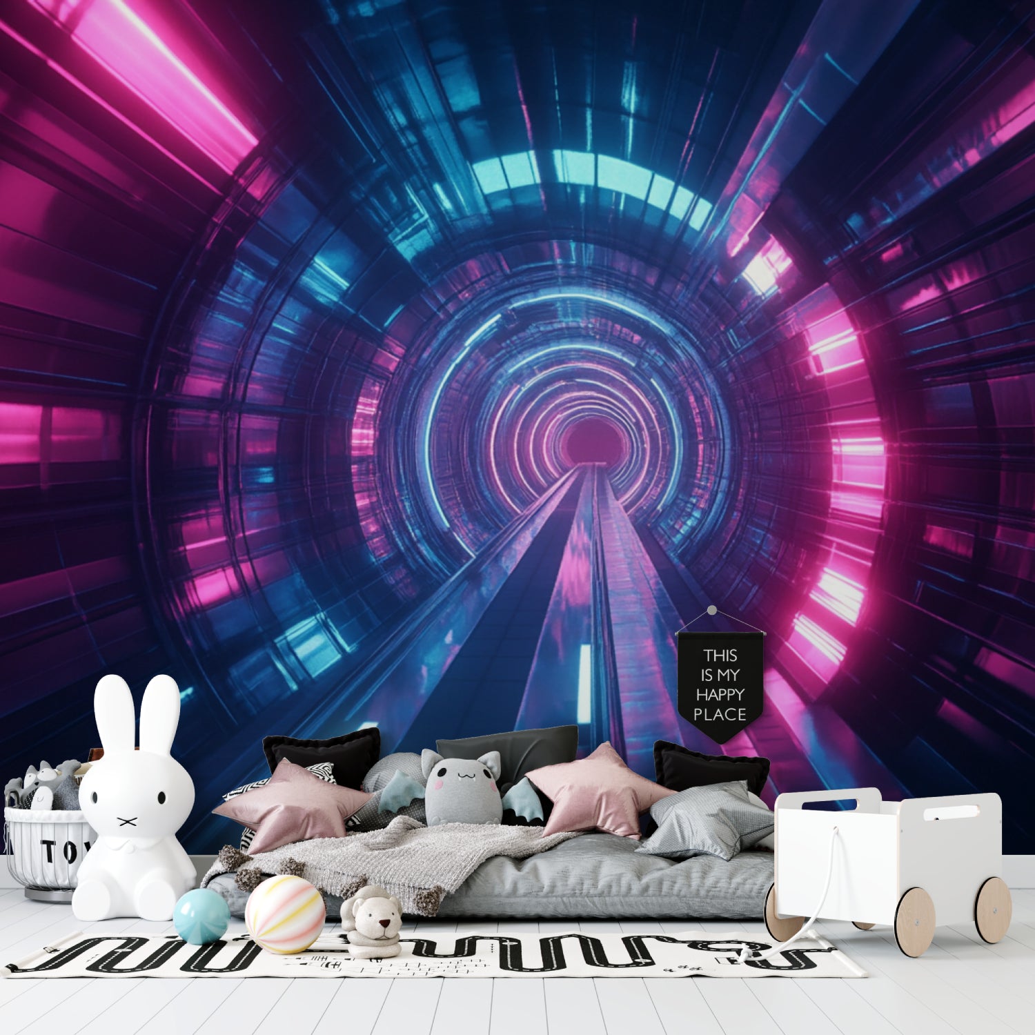3D tunnel wallpaper creating depth in modern gaming room with LED accent lights