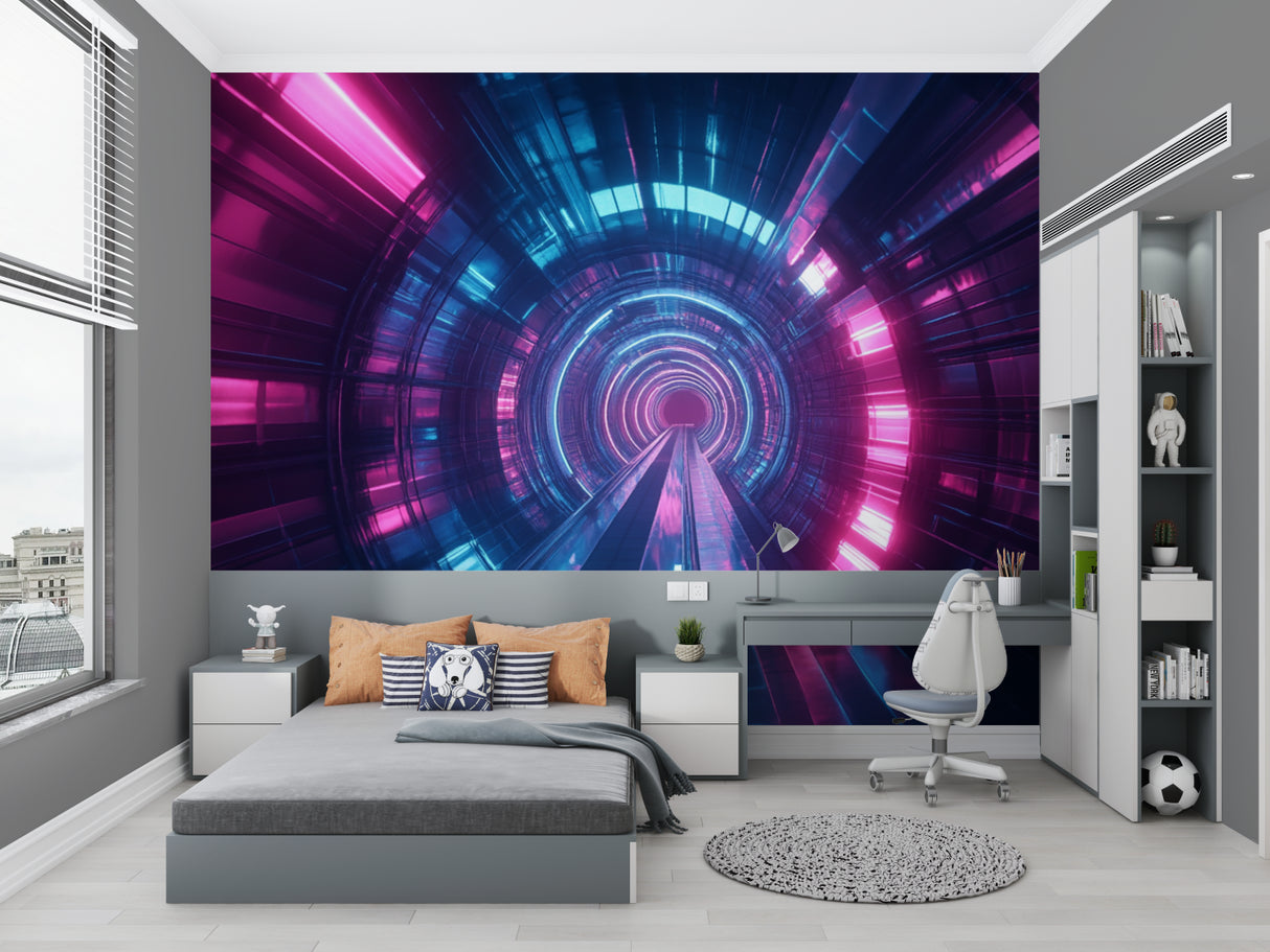 Purple and blue 3D tunnel mural in teen bedroom showing optical illusion effect