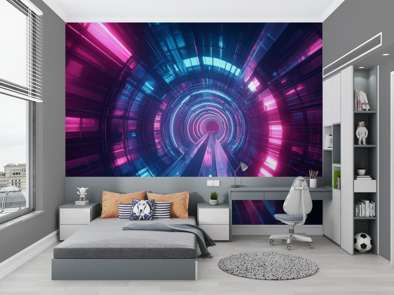 Purple and blue 3D tunnel mural in teen bedroom showing optical illusion effect