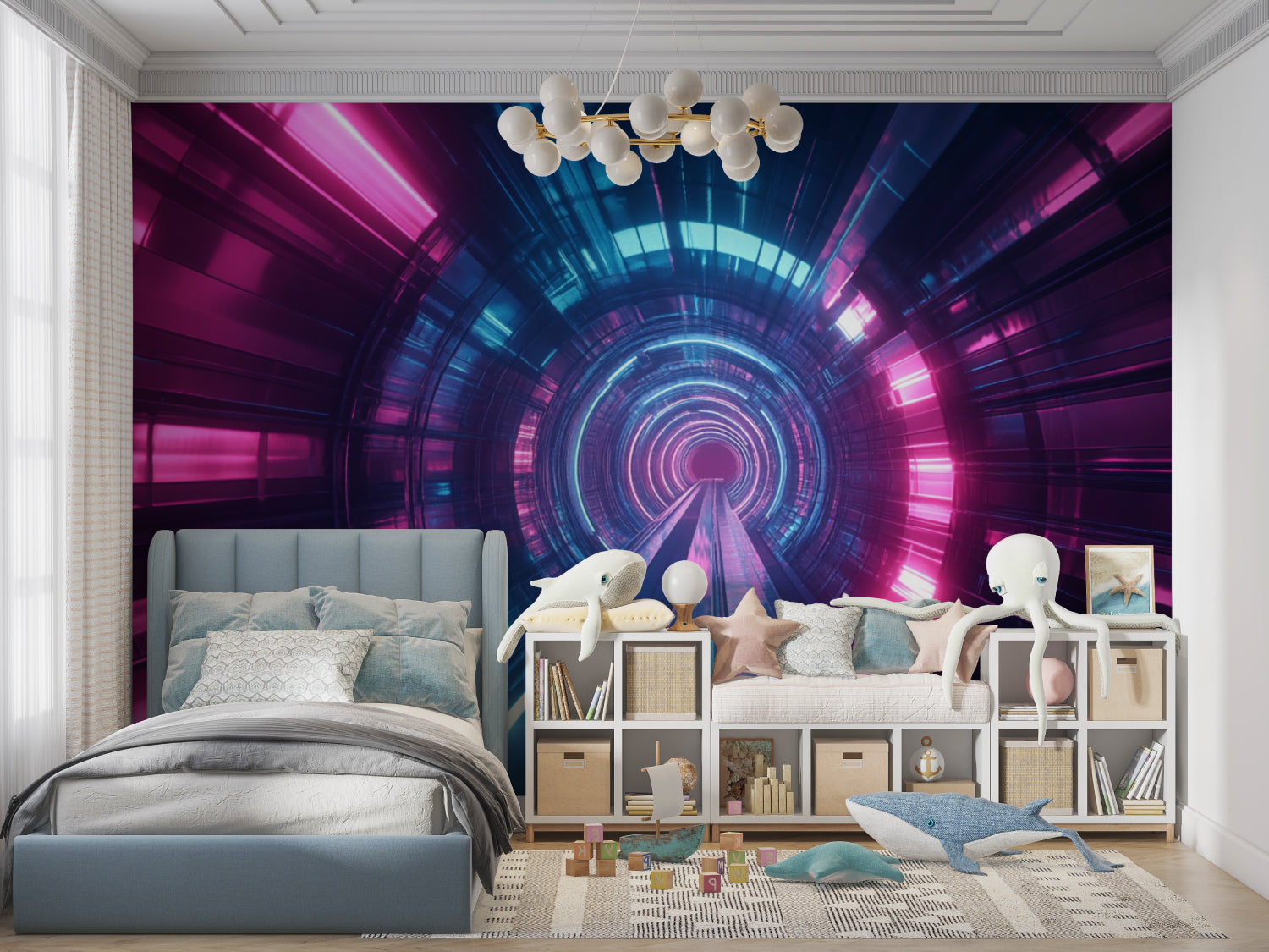 3D digital tunnel wallpaper transforming office space with neon glow effect
