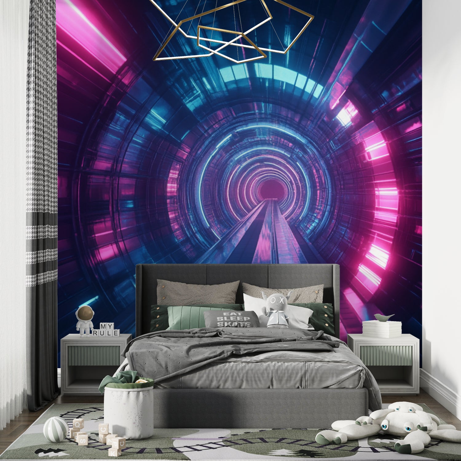 Neon tunnel mural adding depth to entertainment room with dramatic lighting