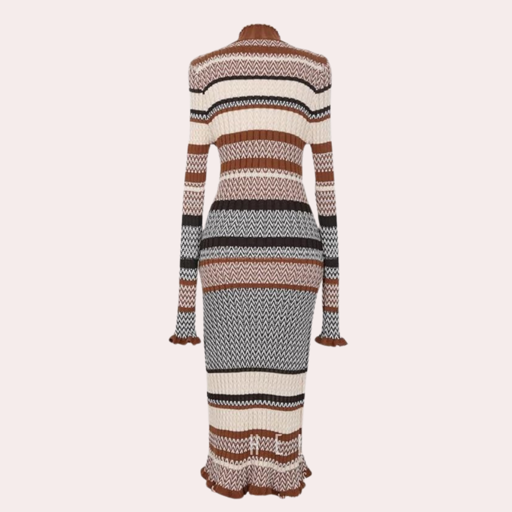 Striped Knit Maxi Dress Wool Blend Turtleneck Design - Product example