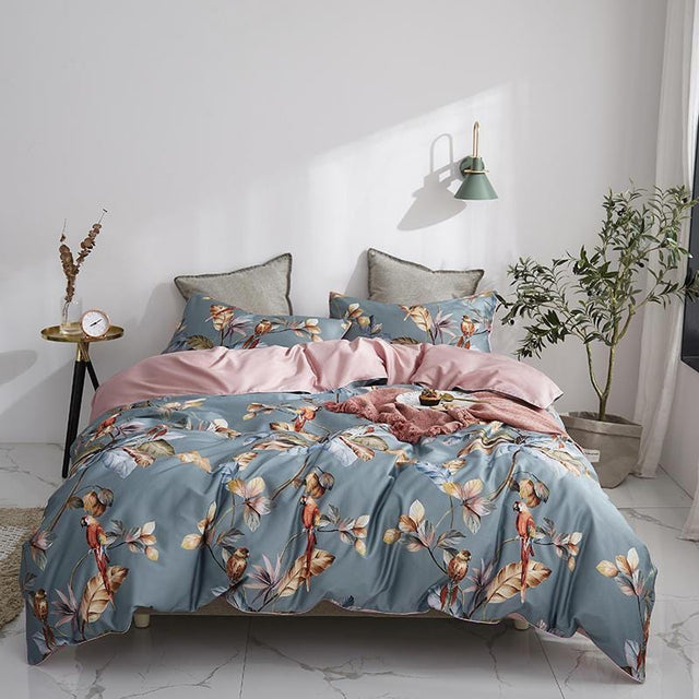 Luxury Egyptian Cotton Bedding  Botanical Birds Print Duvet Set - Product showcase