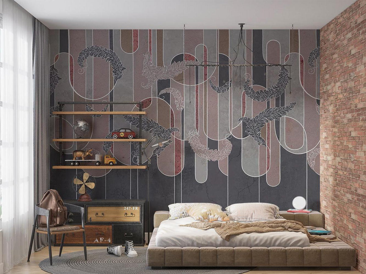 Abstract Mural Wallpaper | Geometric Feather Design with Burgundy Stripes