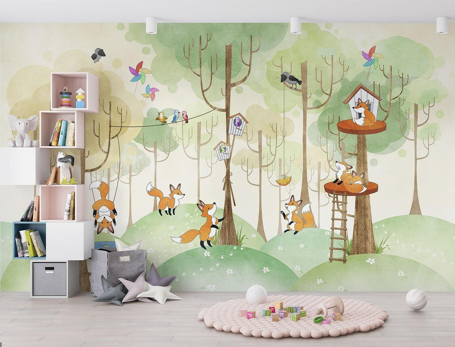 Papier Peint Mural Animaux de la Forêt | Scène de Cabane dans l'Arbre avec Renard Joueur
