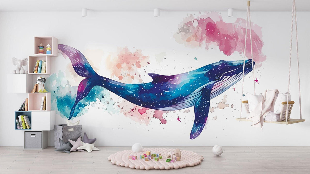 Marine Animals Mural Wallpaper | Cosmic Whale Watercolor Design