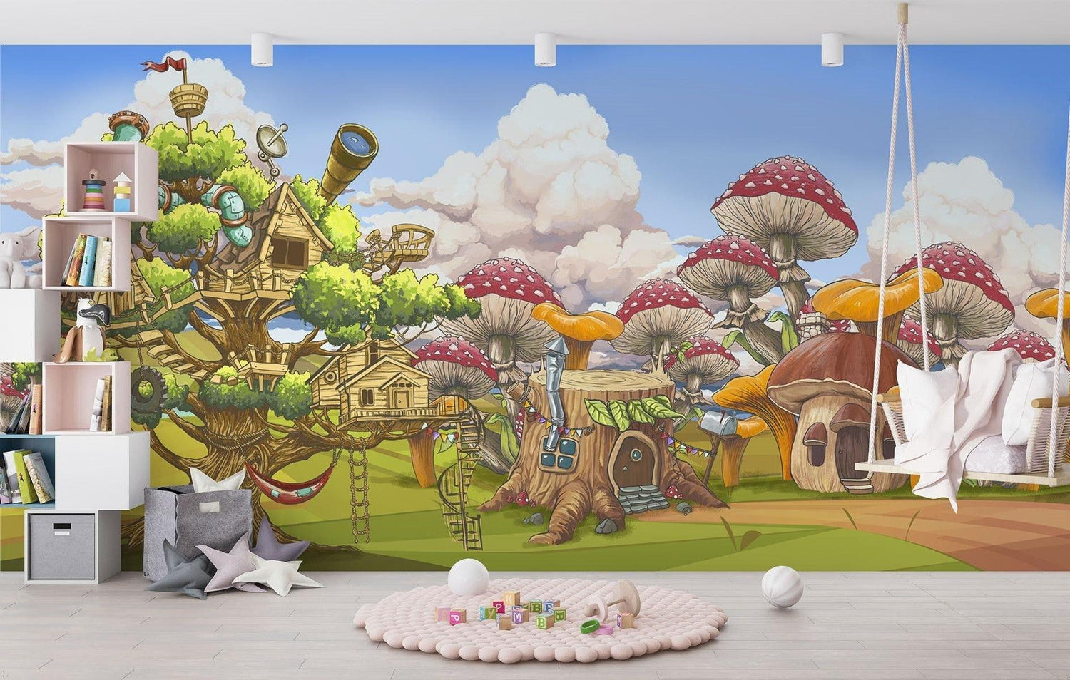 Papier Peint Mural Cabane Fantaisie | Aventure Forêt Magique aux Champignons