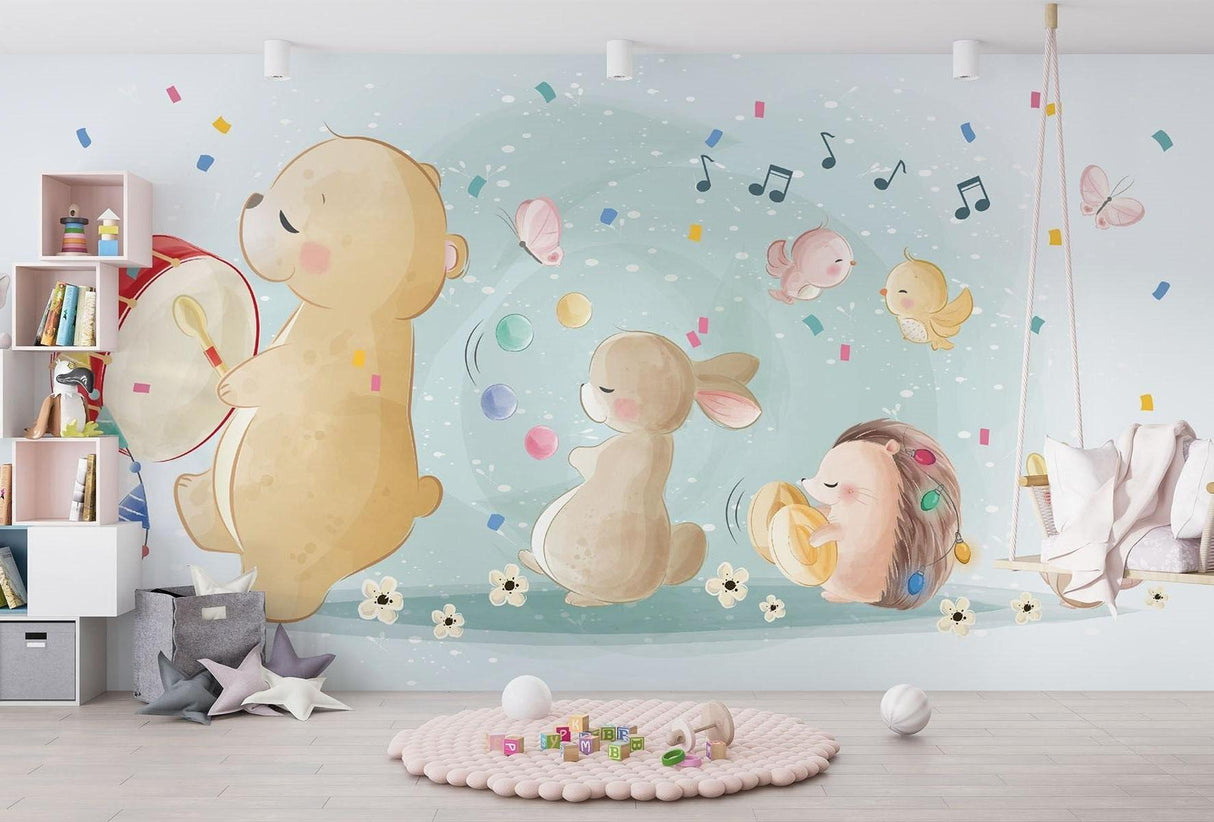Musikalische Tiere Tapete | Verspielte Kinderzimmer-Band mit Bär und Hase