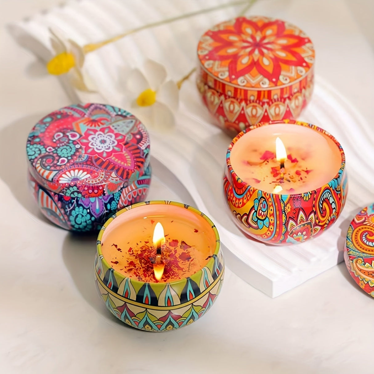 Bohemian Scented Candle Set Mandala Design Tin Collection - Product example