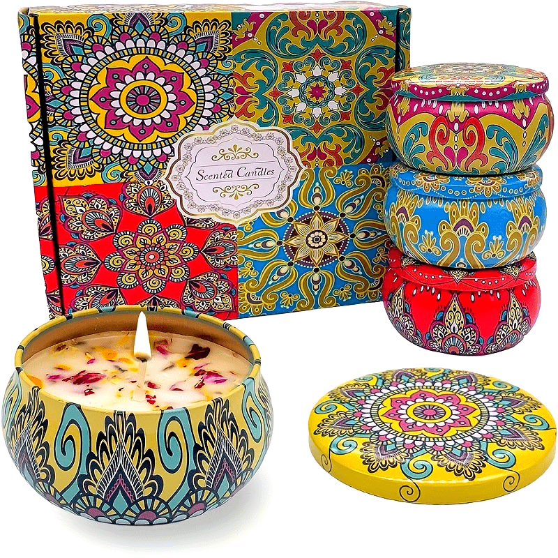 Bohemian Scented Candle Set Mandala Design Tin Collection - Detailed view