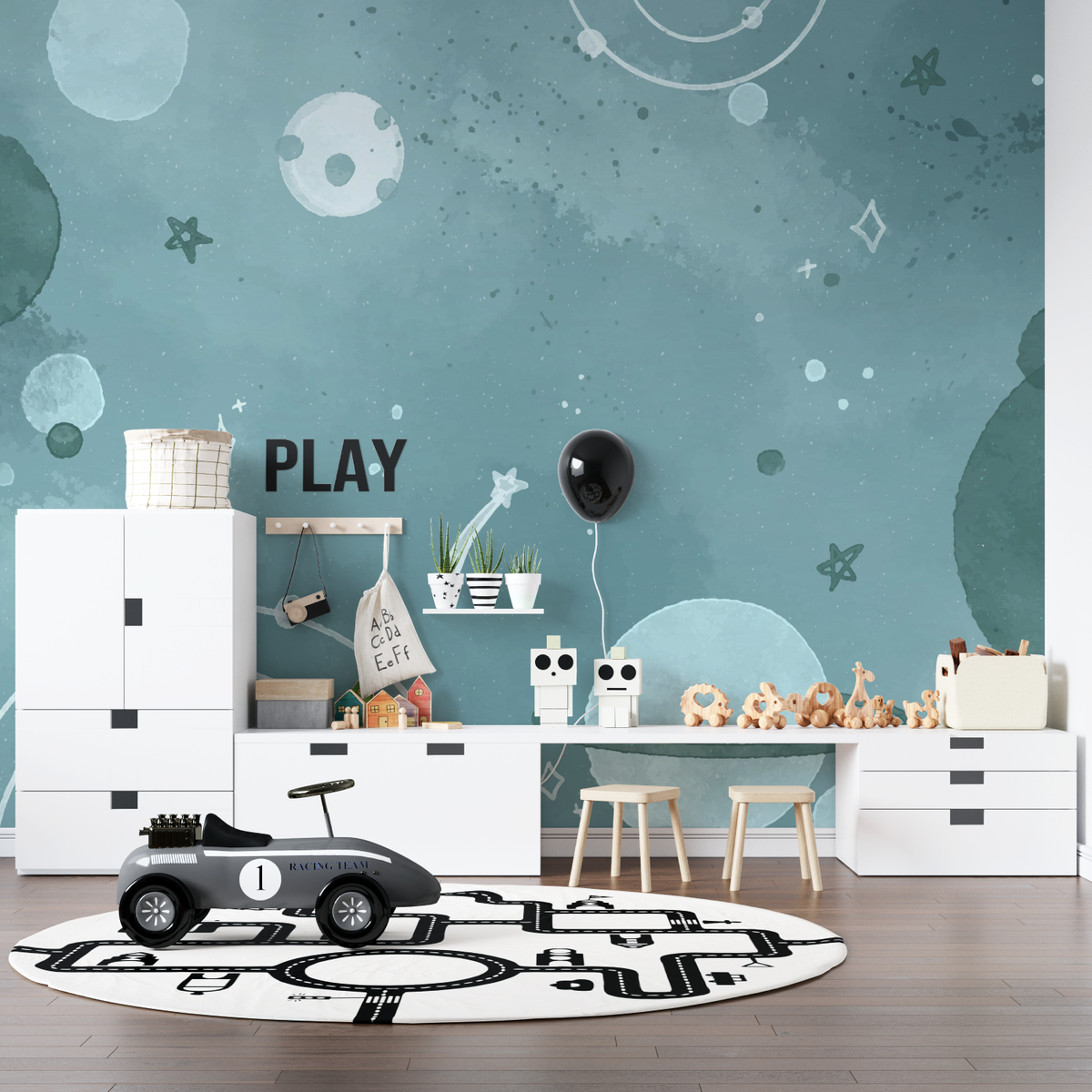 Space Kids Mural Wallpaper | Celestial Blue Galaxy Design