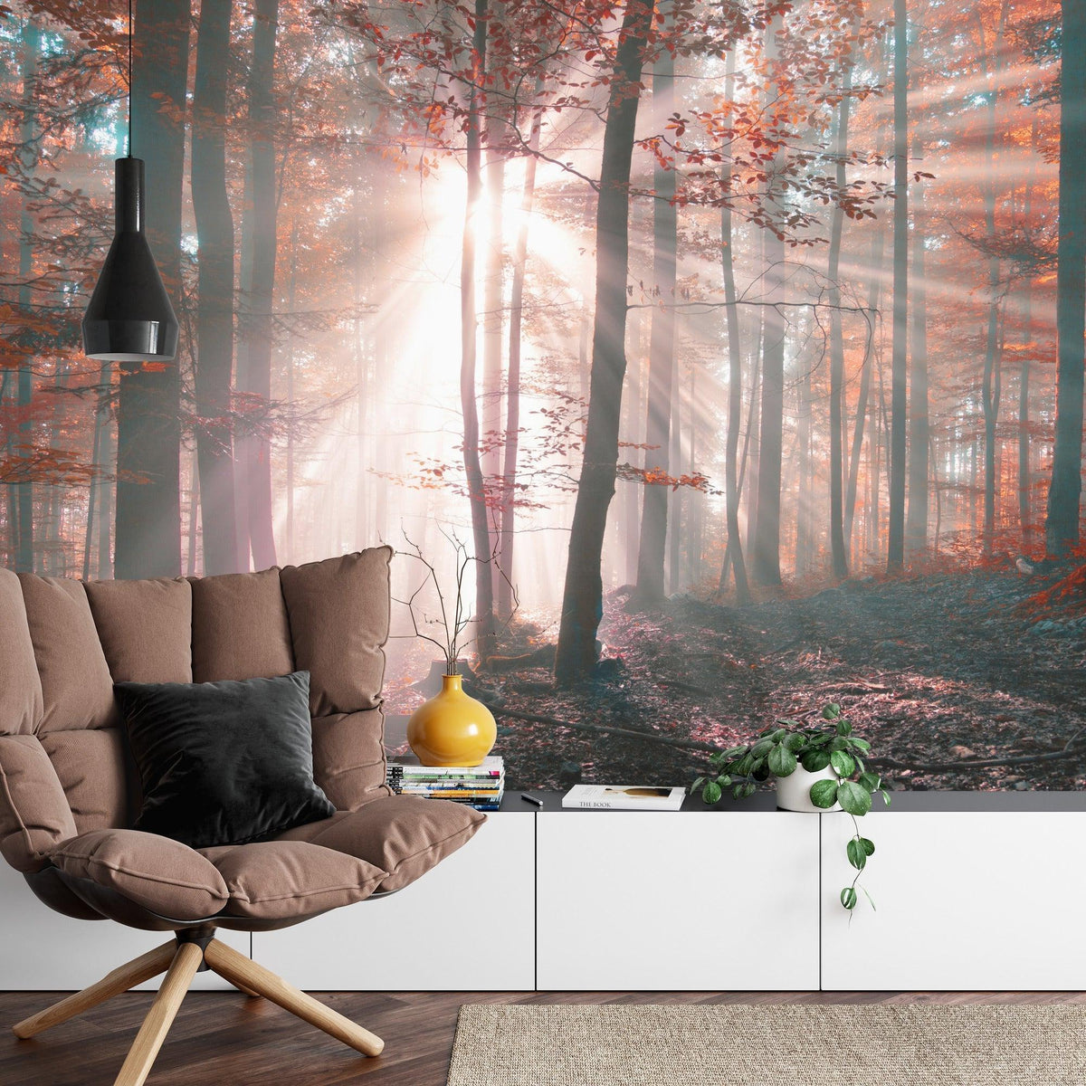 Forest Mural Wallpaper | Misty Autumn Sunrise Scene