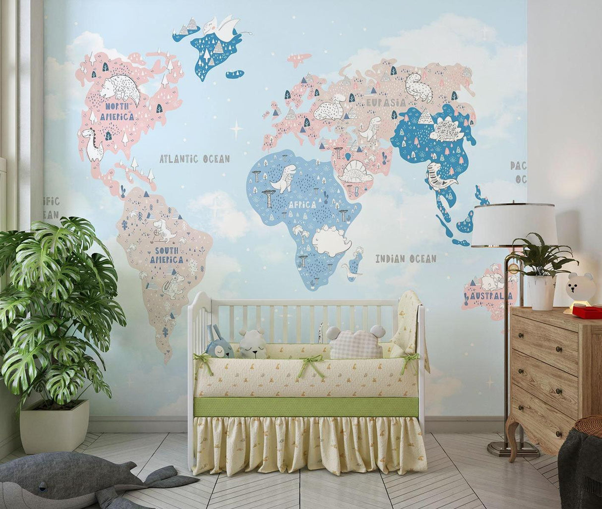 Papier Peint Mural Carte du Monde | Aventure de Dinosaures en Couleurs Pastel