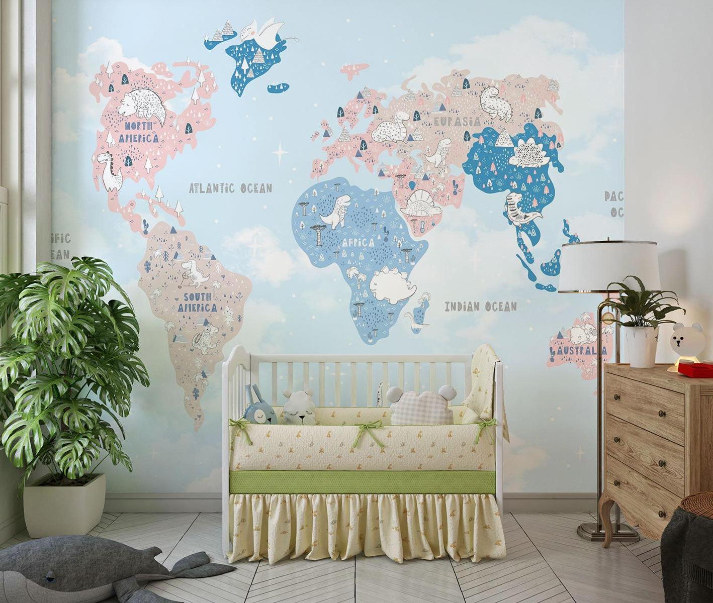 Papier Peint Mural Carte du Monde | Aventure de Dinosaures en Couleurs Pastel