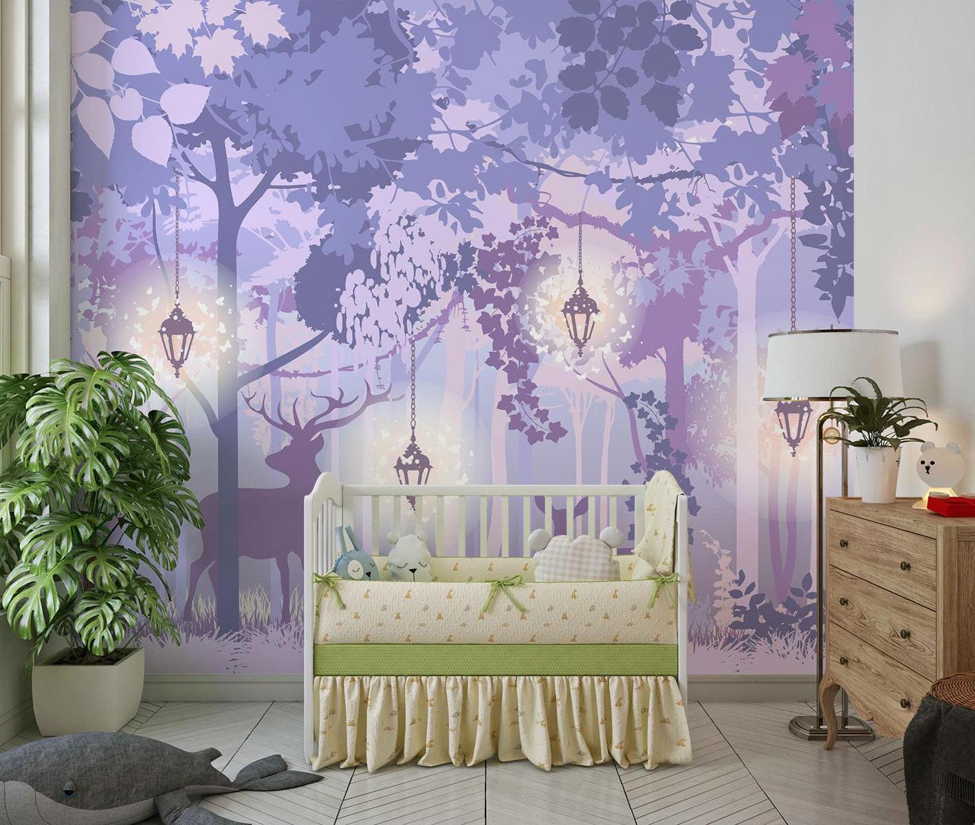 Papier Peint Mural Forêt | Bois Enchanté Violet Avec Lanternes