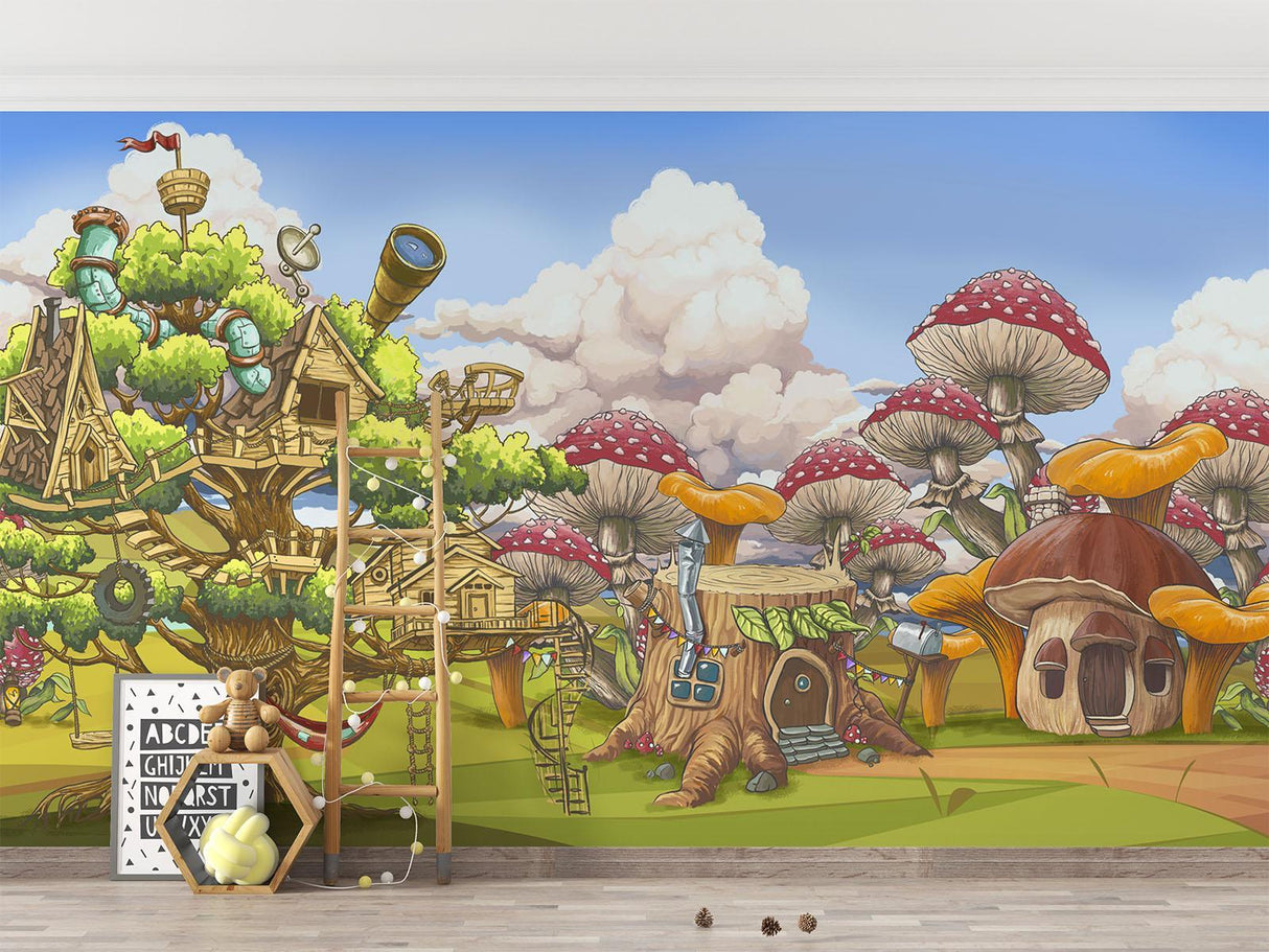 Papier Peint Mural Cabane Fantaisie | Aventure Forêt Magique aux Champignons