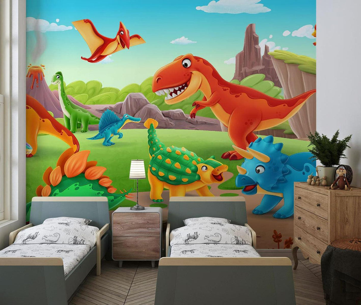 Papier Peint Mural Dinosaure | Scène d'Aventure Préhistorique Colorée