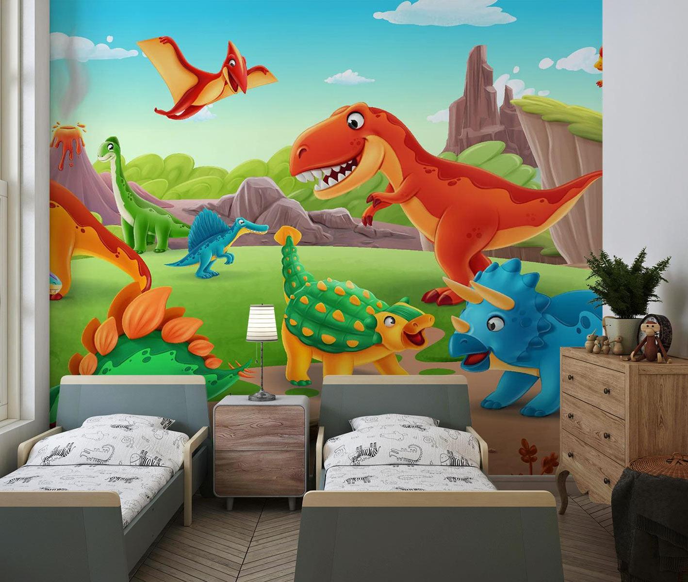 Papier Peint Mural Dinosaure | Scène d'Aventure Préhistorique Colorée