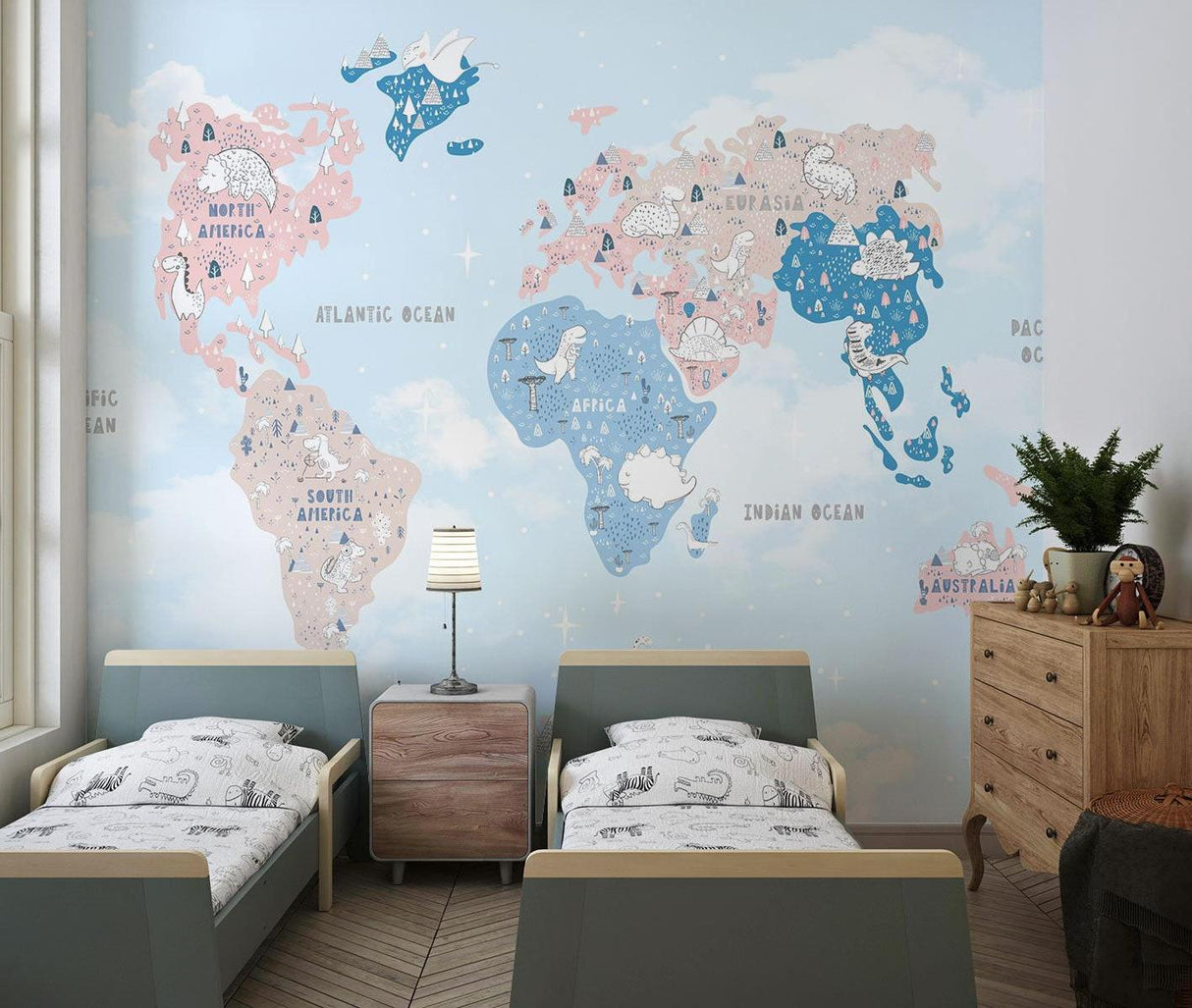 Papier Peint Mural Carte du Monde | Aventure de Dinosaures en Couleurs Pastel