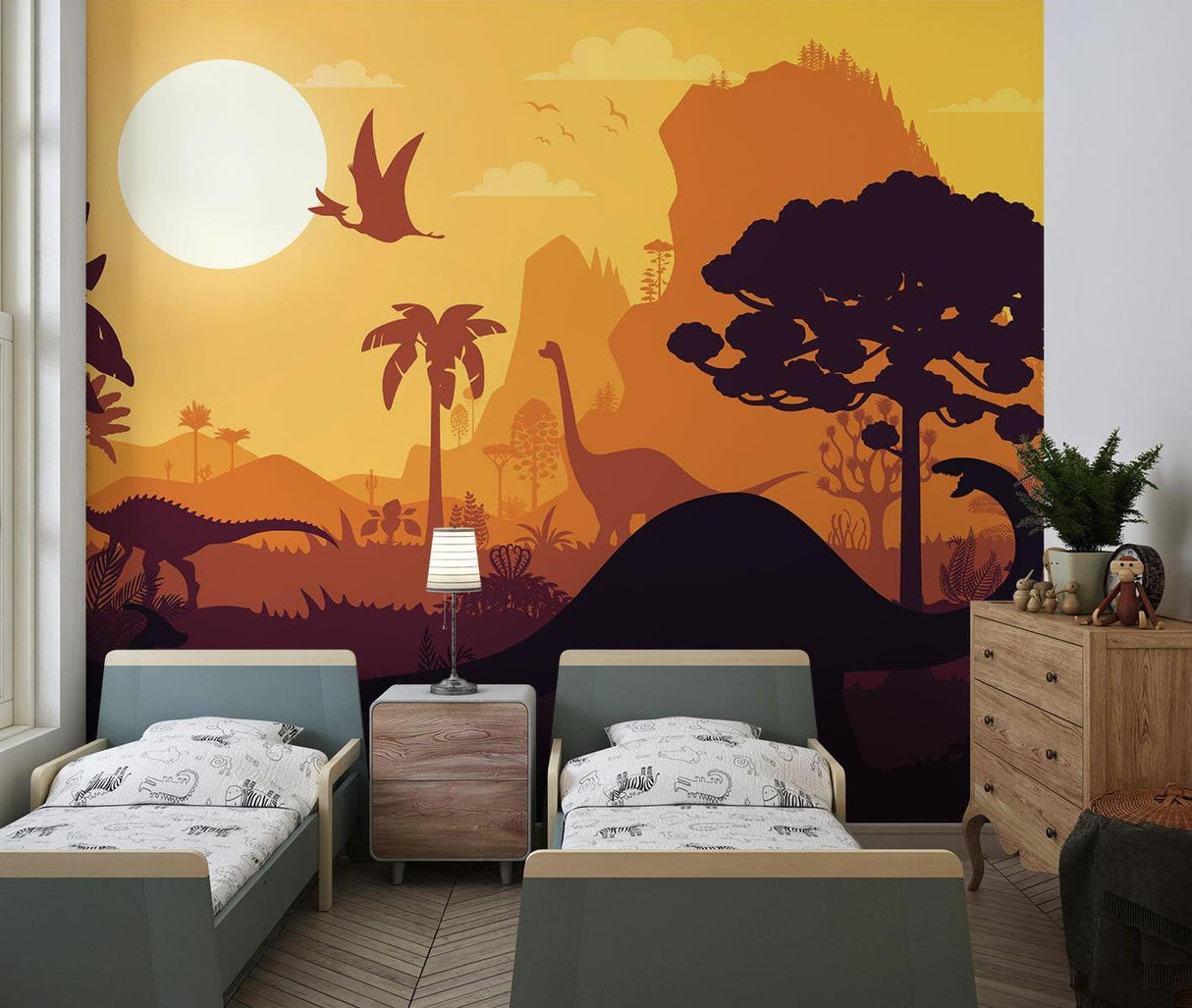 Papier Peint Mural Dinosaure | Paysage Préhistorique au Coucher du Soleil
