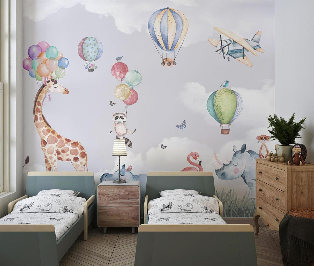 Papier Peint Mural Animaux Safari | Aventure en Montgolfière Aquarelle