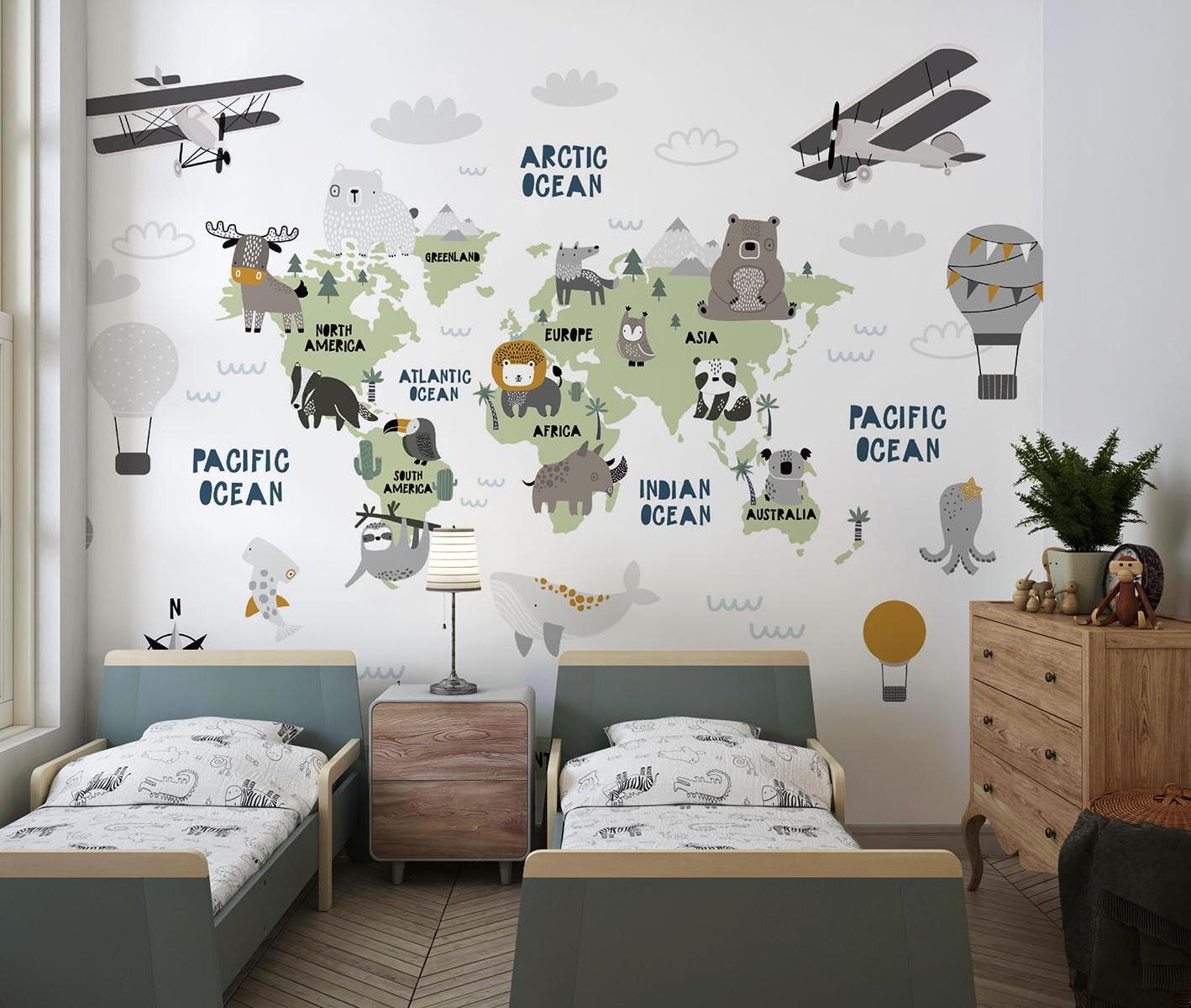 Papier Peint Mural Carte du Monde | Thème Aventure Enfants avec Animaux