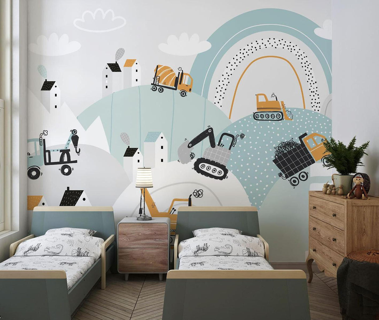 Byggetapet | Legesygt køretøjsscene med regnbue