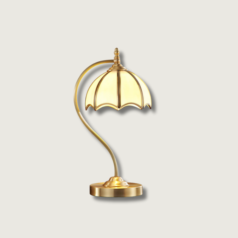 Vintage Table Lamp Brass Umbrella Glass Shade - Product showcase