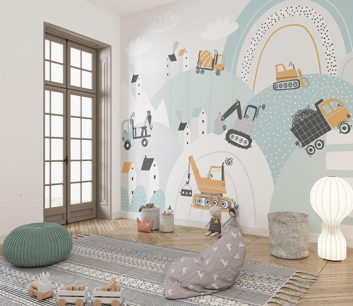 Byggetapet | Legesygt køretøjsscene med regnbue