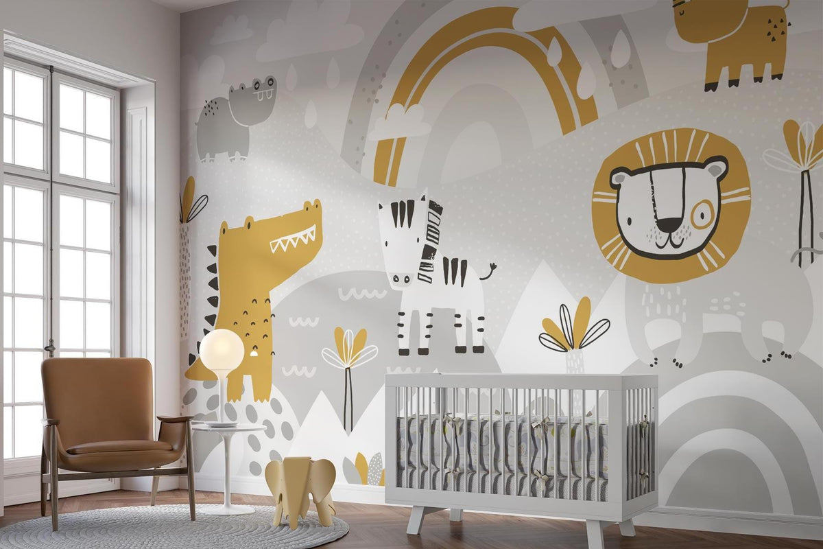 Safari Animals Mural Wallpaper | Playful Gold and Grey Design