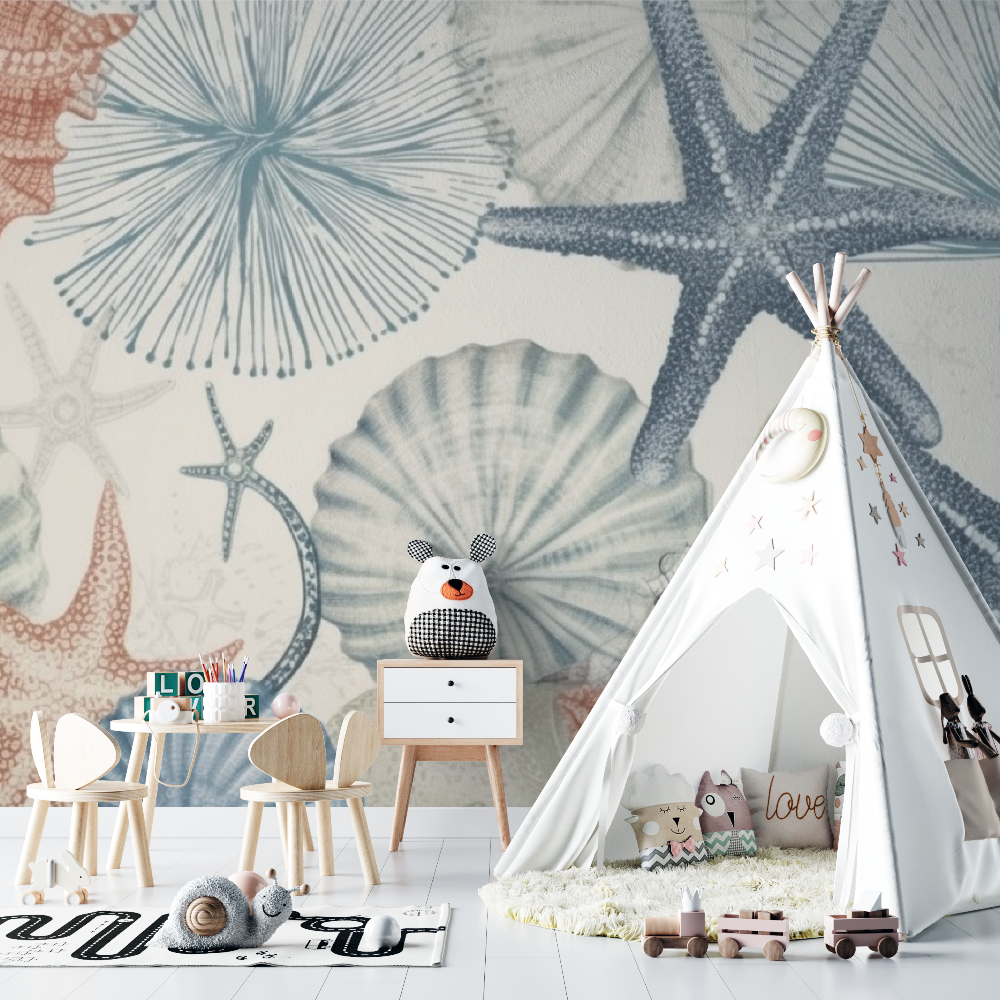 Marine Life Mural Wallpaper | Soft Coral and Blue Seashells