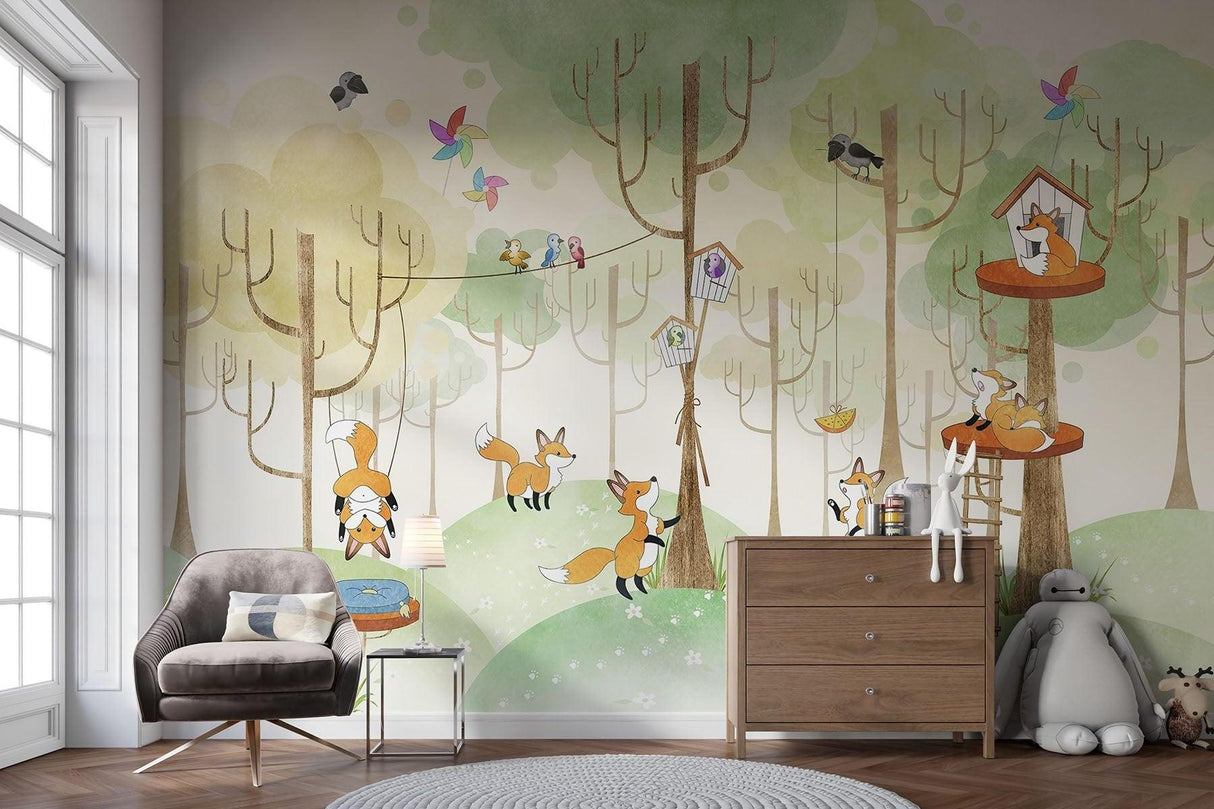 Papier Peint Mural Animaux de la Forêt | Scène de Cabane dans l'Arbre avec Renard Joueur