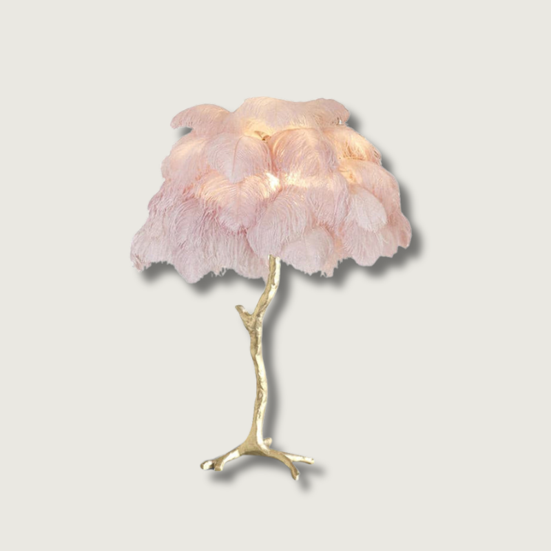 Feather Table Lamp Gold Base with Pink Ostrich Plumes - Product showcase