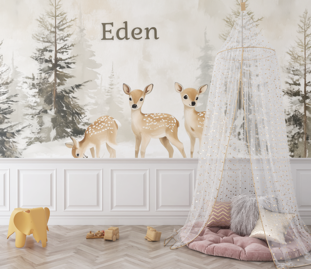 Forest Animals Mural Wallpaper | Deer and Pine Trees in Winter Scene