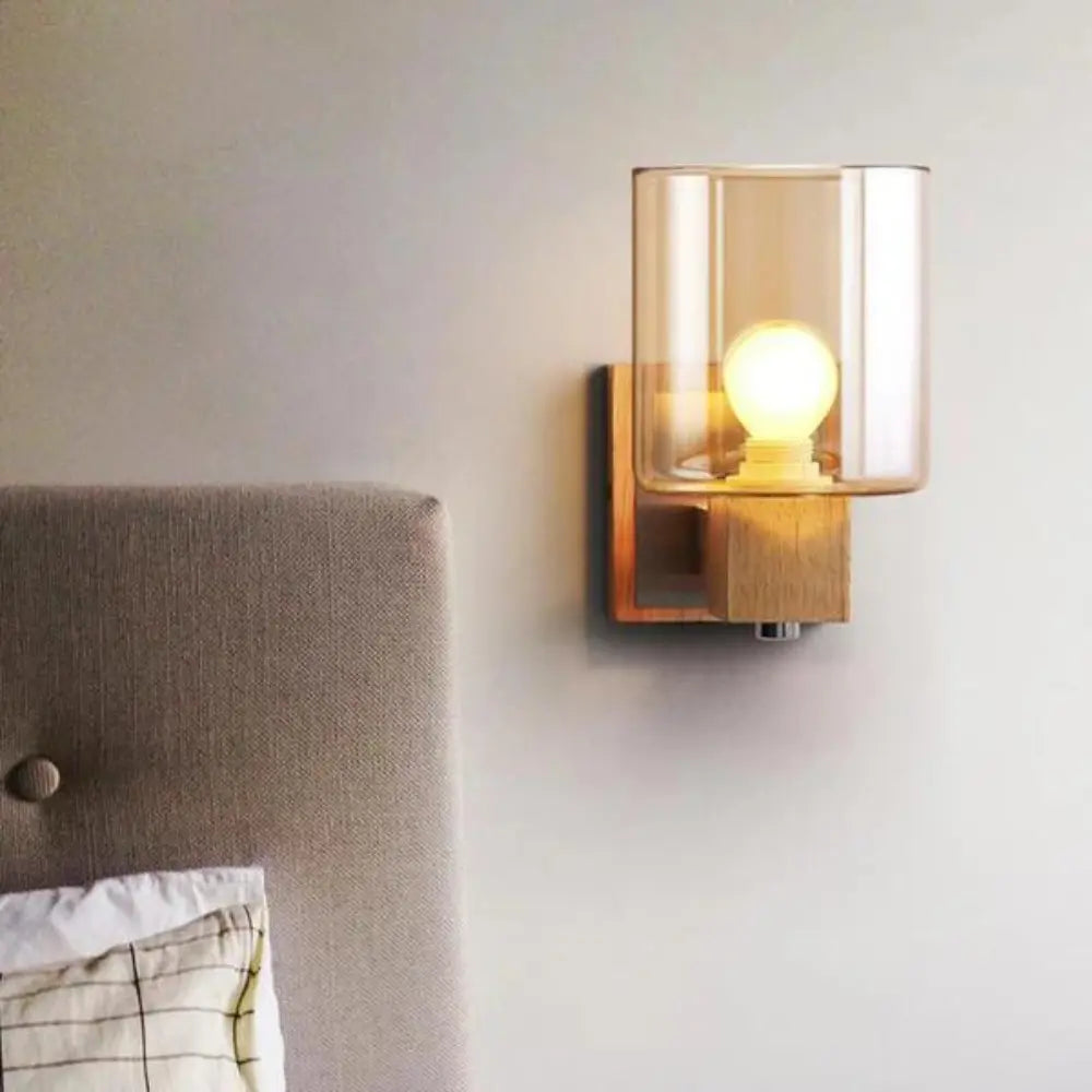 Modern Wall Light Glass Shade with Natural Wood Mount - Product example