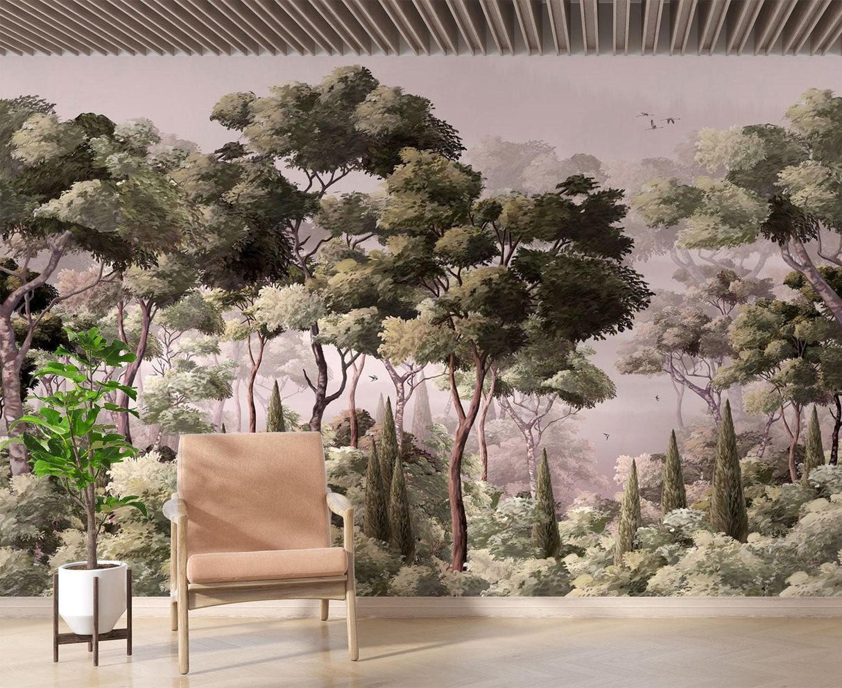 Forest Mural Wallpaper | Misty Green Woodland Scene