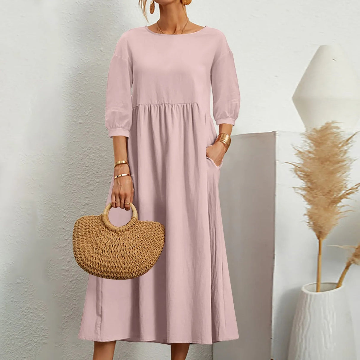 Cotton Midi Dress Casual A-Line Silhouette With Pockets - Product detail 10