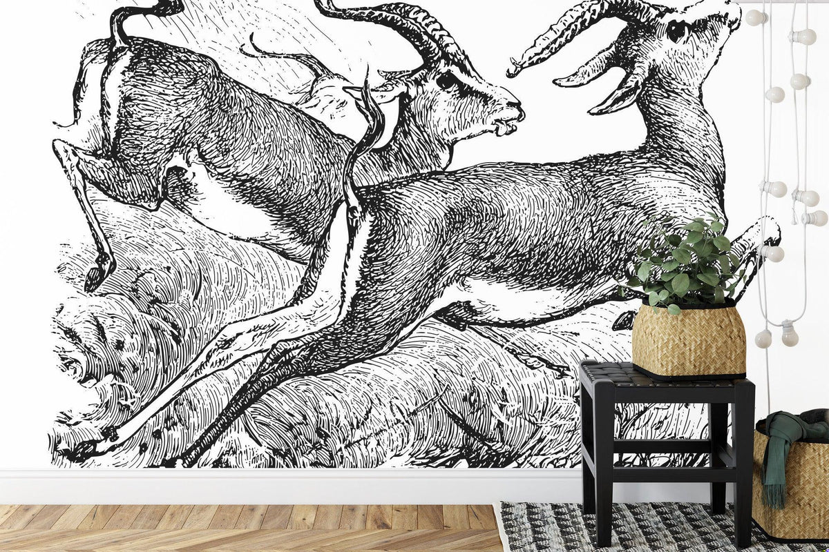 Wildlife Mural Wallpaper | Vintage Black and White Gazelle Sketch