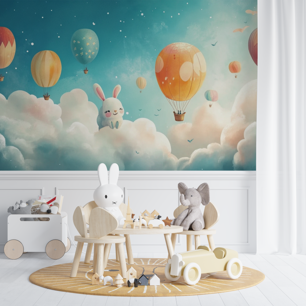 Kids Mural Wallpaper | Hot Air Balloons and Bunny Clouds