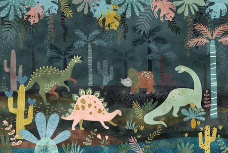 Papier Peint Mural Dinosaure | Aventure Jungle avec Personnages Pastel