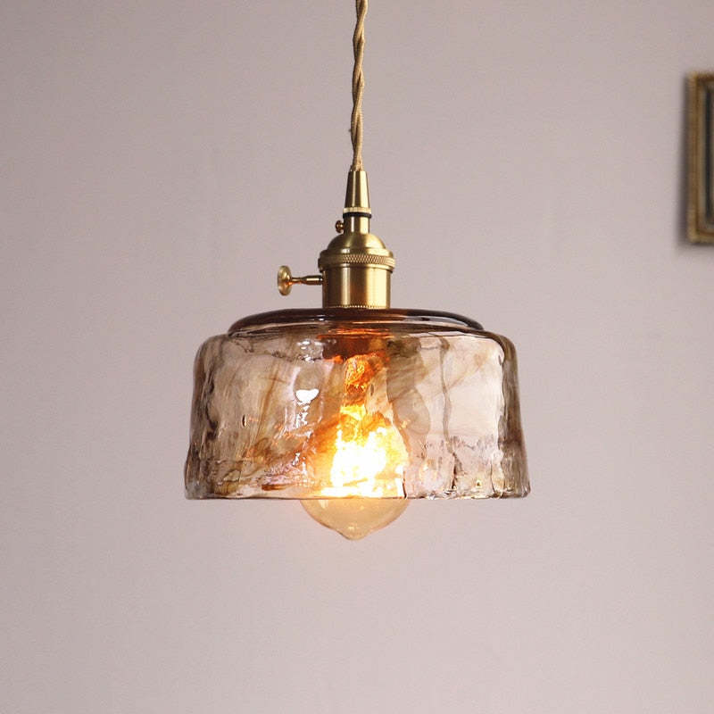 Vintage Glass Pendant Light Amber Textured Shade - Detailed view