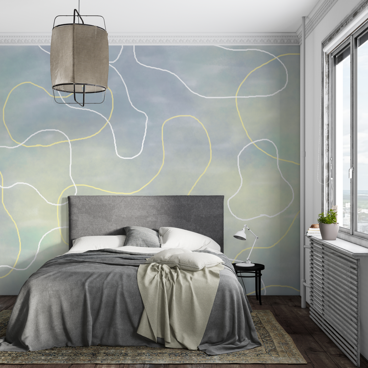 Abstract Mural Wallpaper | Gentle Curves in Grey and Yellow