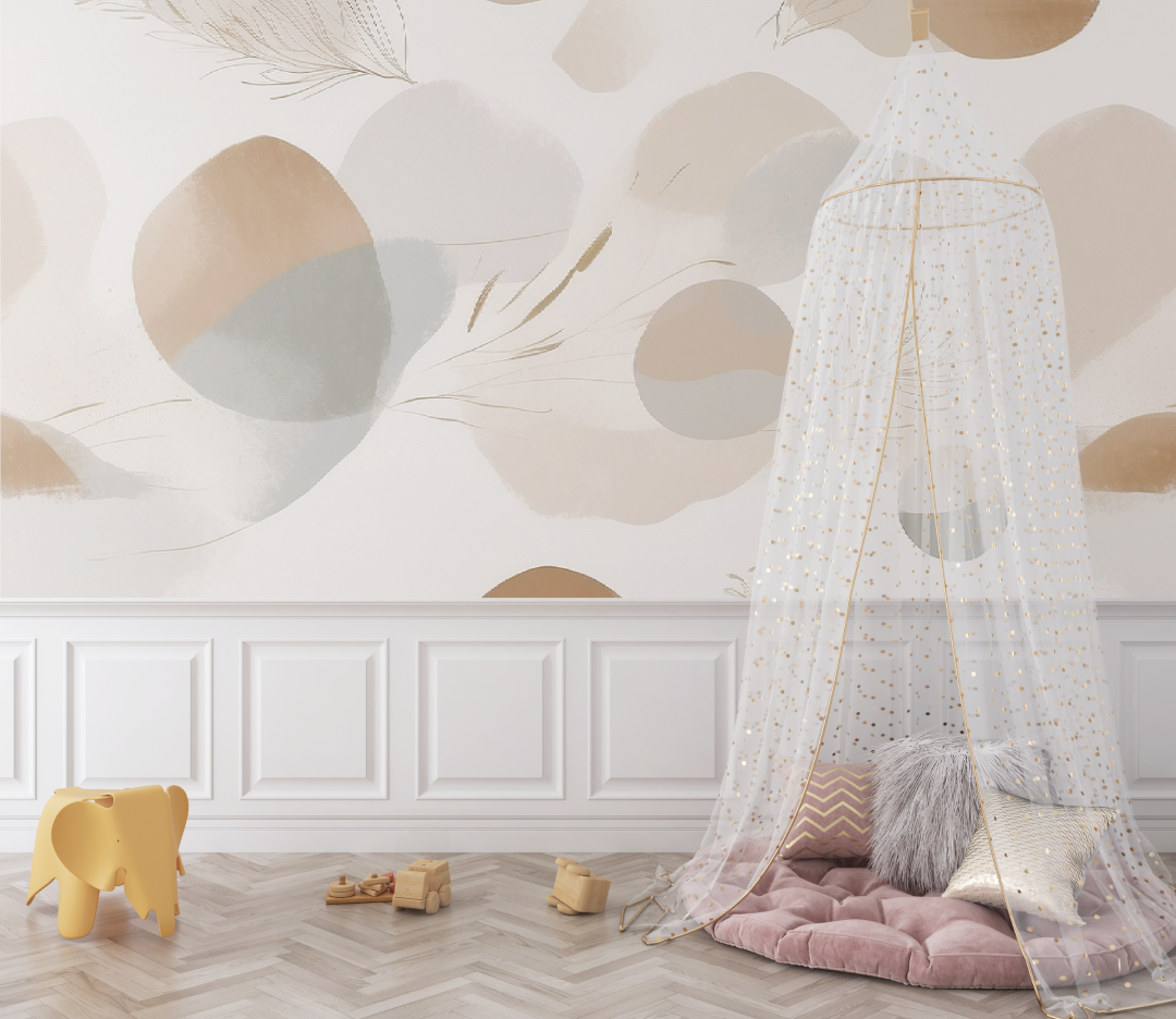 Abstract Mural Wallpaper | Beige Feather and Circles Design