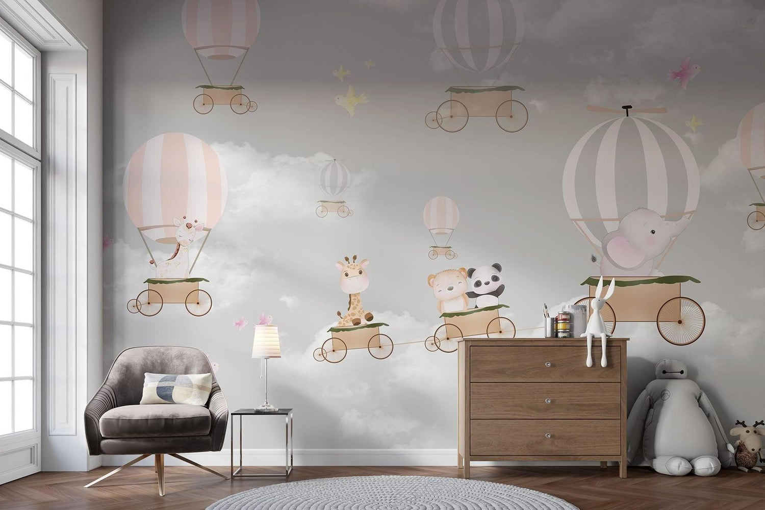 Papier Peint Mural Montgolfière | Aventure Animale en Rose et Gris