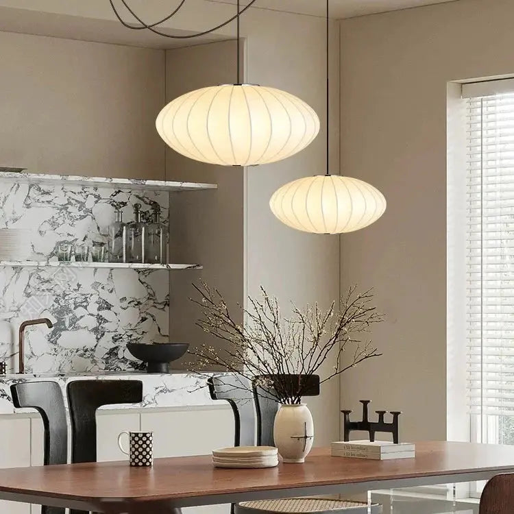 Japandi Pendant Light  Silk Shade With Ribbed Design - Detailed view